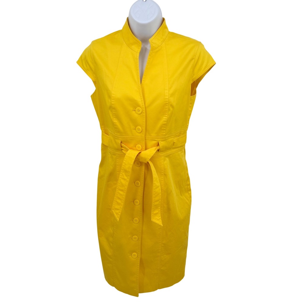Calvin Klein Women's 8 Dress Canary Yellow Button Front Sheath Collar Tie Waist